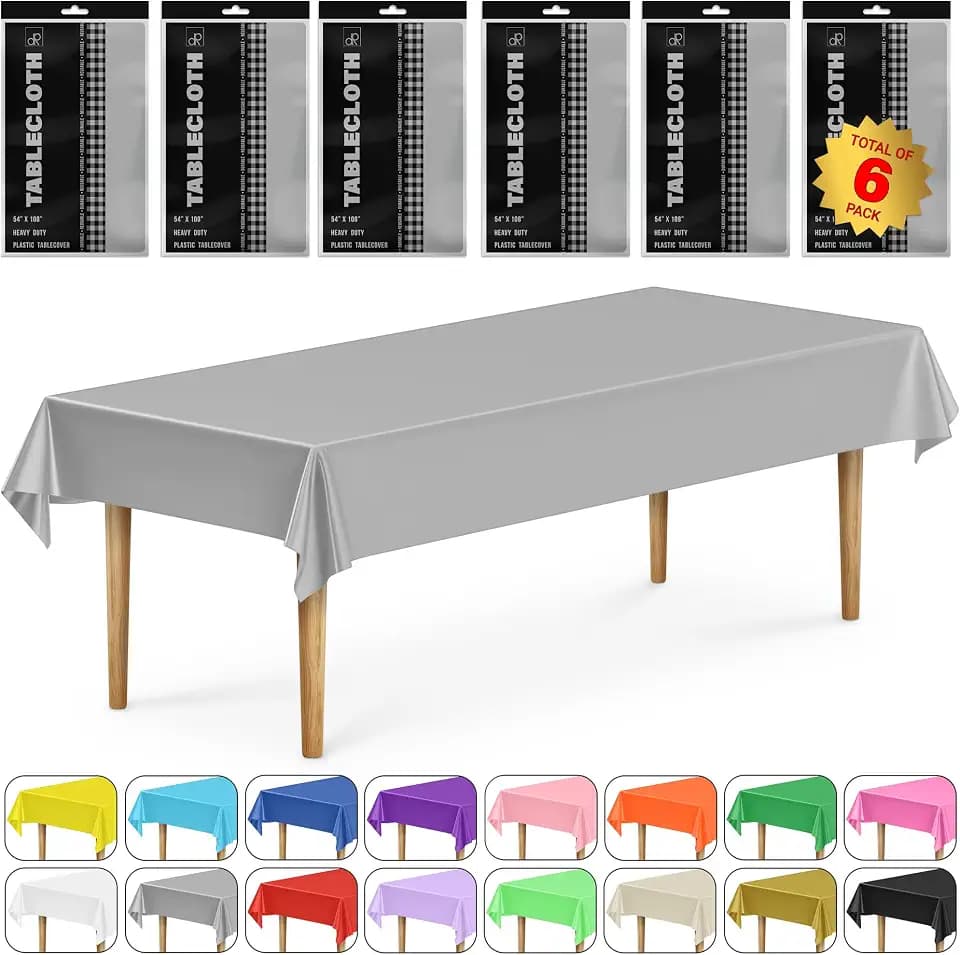 DecorRack 6 Pack Silver Plastic Tablecloths (Rectangular 54x108 in)