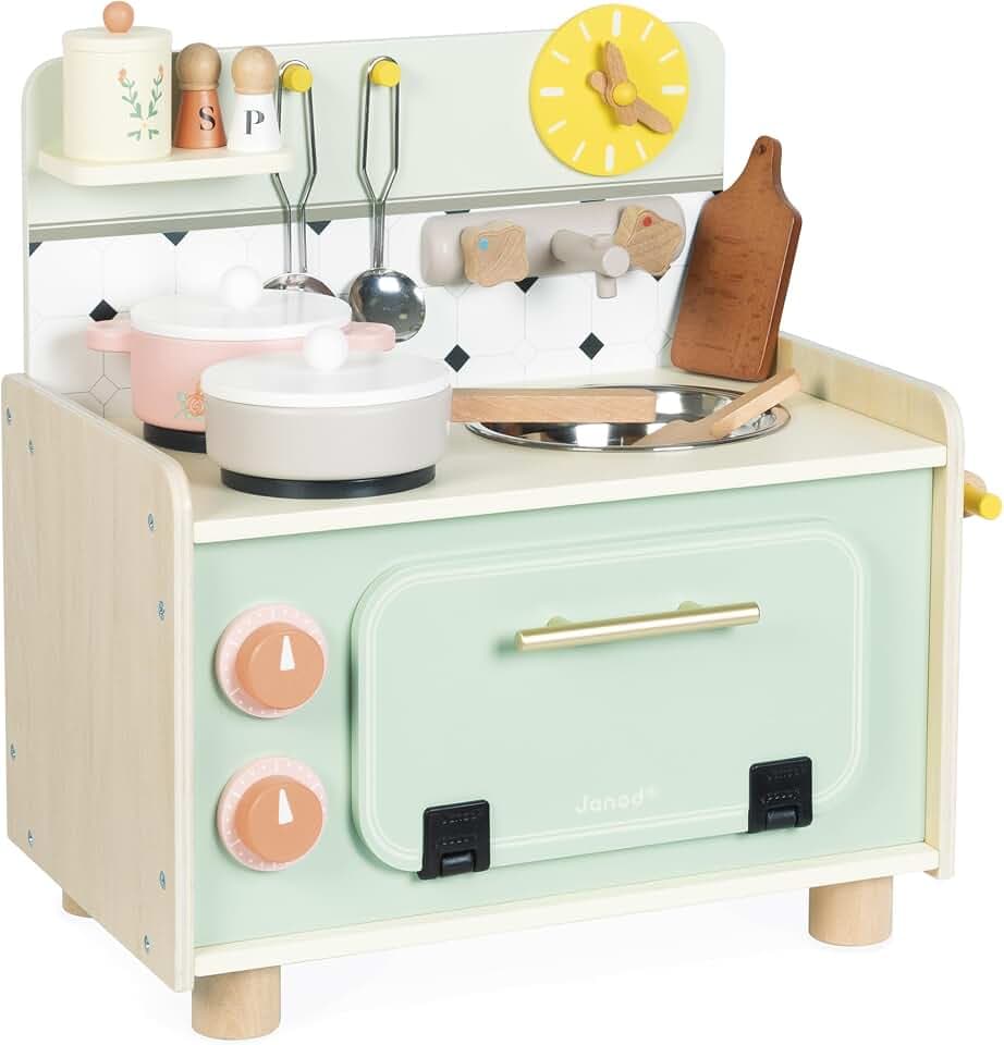 Janod - Holzküchenzeile für Kinder - Kleine Kinderküche - Ausgestattet mit Backofen, Spüle und 10 Zubehörteilen - Drehknöpfe mit Sound - Spielzeug zum Nachahmen und Erziehen - Ab 2 Jahren, J06640