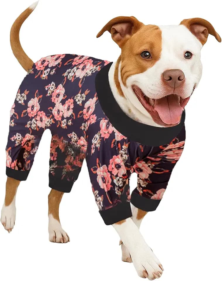 LovinPet Large-Breed Dog PJs, Pitbull Bodysuit, Floral Black Tan Print, M