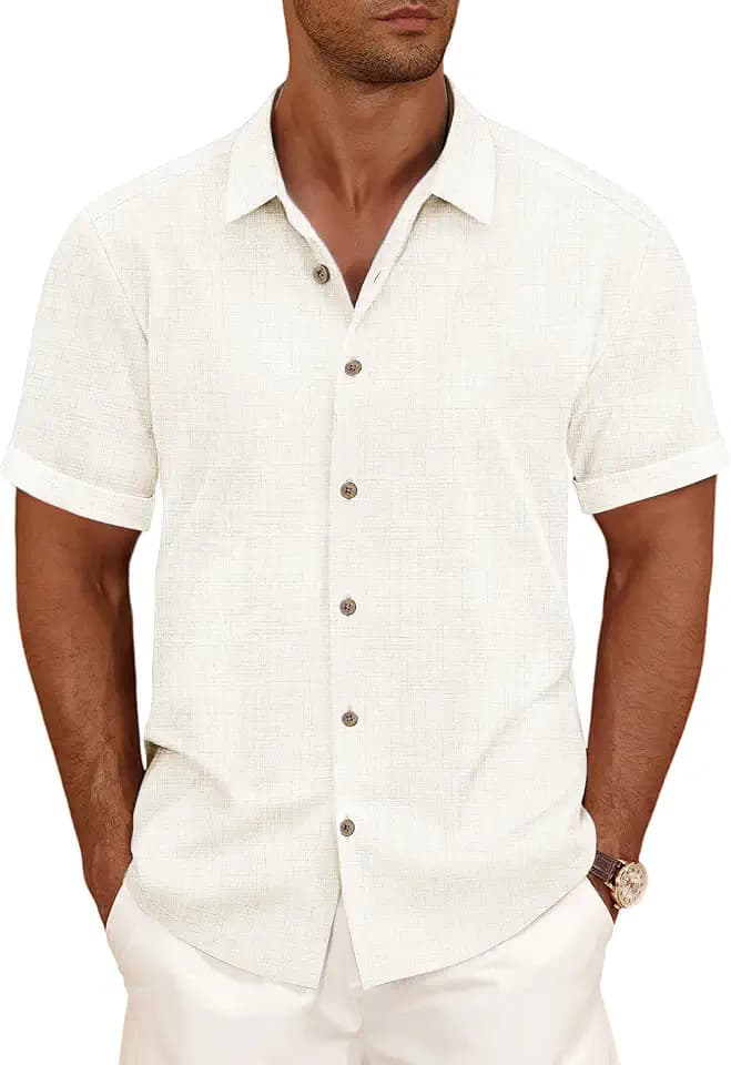 CURBODO Linen Blend Shirts for Men Casual Short Sleeve Button Down Shirt Cool Summer Beach Wedding Vacation Tops