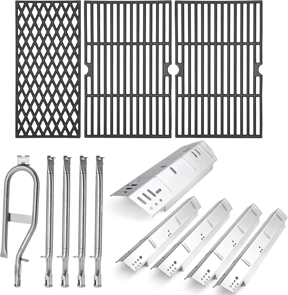 Criditpid Grill Replacement Parts for Dyna-Glo 5 Burner DGH474CRP DGH485CRP DGH483CRP, Stainless Steel Heat Plate Shields, Burner Tubes and Cast Iron Cooking Grates for Dyna-Glo DGH450CRP.