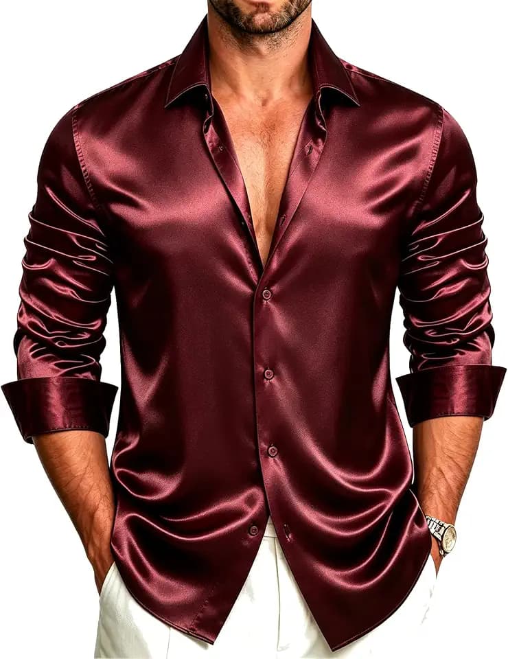 YourTies Mens Silk Dress Shirt Satin Shiny Long Sleeve Button Down Shirts Soild Color 70s Disco Party Prom Formal Wedding