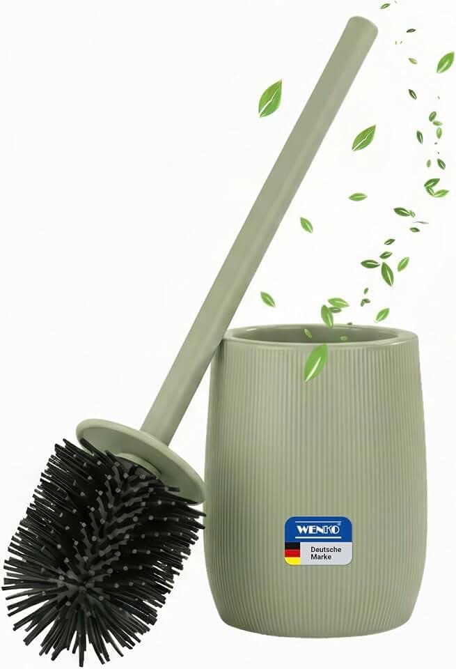 WENKO WC-Garnitur Mod. Fablo aus Keramik mit Rillenoptik, freistehender Toilettenbürstenhalter, Silikon-Bürstenkopf und Flexible Kunststoffabdeckung, Standgarnitur für Bad und Gäste-WC, grün matt