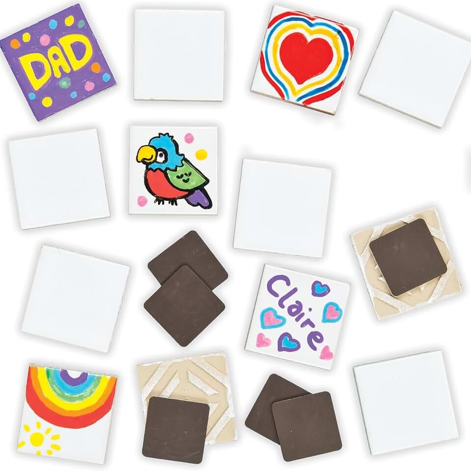 Baker Ross EK506 Porzellan-Keramikfliesen-Magnete, für Kinder zum Dekorieren, eigene Kunst- und Handwerk-Tätigkeiten, verschiedene Motive, 10 Stück