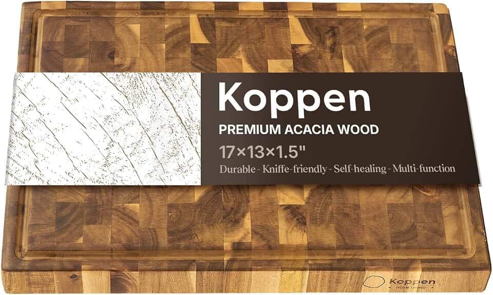 Koppen Large End Grain Wood Cutting Board 20" x 15" x 1.5" - Butcher Block Wood Cutting Board, Acacia Wood with Teak Finish, Dual-Sided with Juice Groove & Food Tray, Non-Toxic, Spaceful Compartment