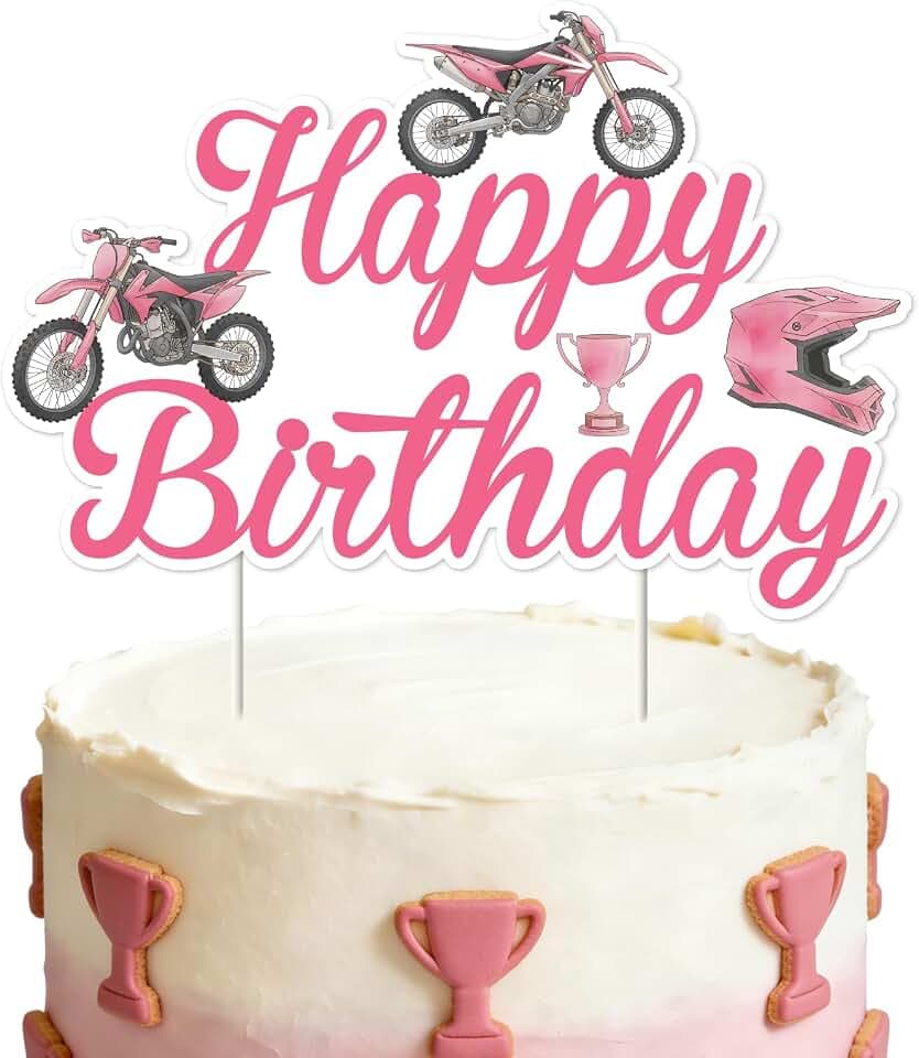 Cheereveal Pink Dirt Bike Birthday Cake Topper, Double Sided Print