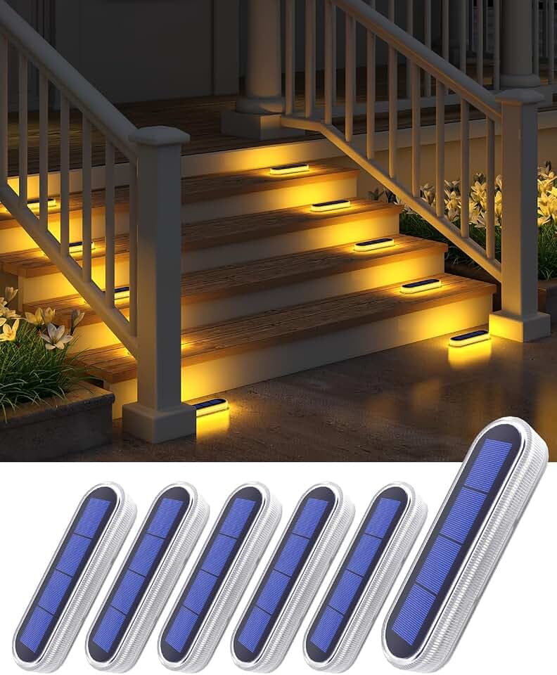 DetarZinLED Solar Step Lights Outdoor IP68 Waterproof 6 Pack Warm White Bar