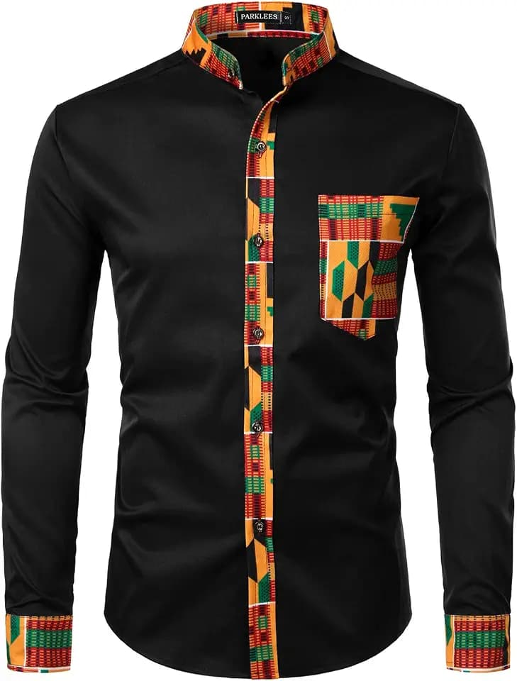 PARKLEES Herren African Tribal Grafik Patchwork Design Slim Fit Langarm Freizeithemd Party Shirt für Männer