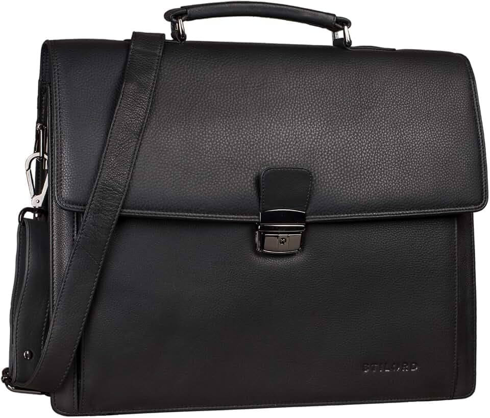 STILORD "Noel Aktentasche Leder Herren Vintage Schwarz Groß klassische Arbeitstasche Bürotasche Umhängetasche Dokumententasche mit Laptopfach 13,3 Zoll und Trolleyschlaufe