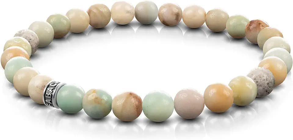 FABACH Amazonit Perlenarmband mit 6mm Edelstein-Perlen und 925 Sterling Silber Logo-Perle - Edles Naturstein Stretch-Armband für Damen (Mehrfarbig Türkis)