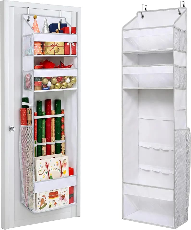 Wrapping Paper Storage Organizer – Over The Door Hanging Gift Wrap Holder for 15-30" Rolls, Space Saving Closet Organizer for Christmas, Halloween, Birthday with Side Mesh Pockets White