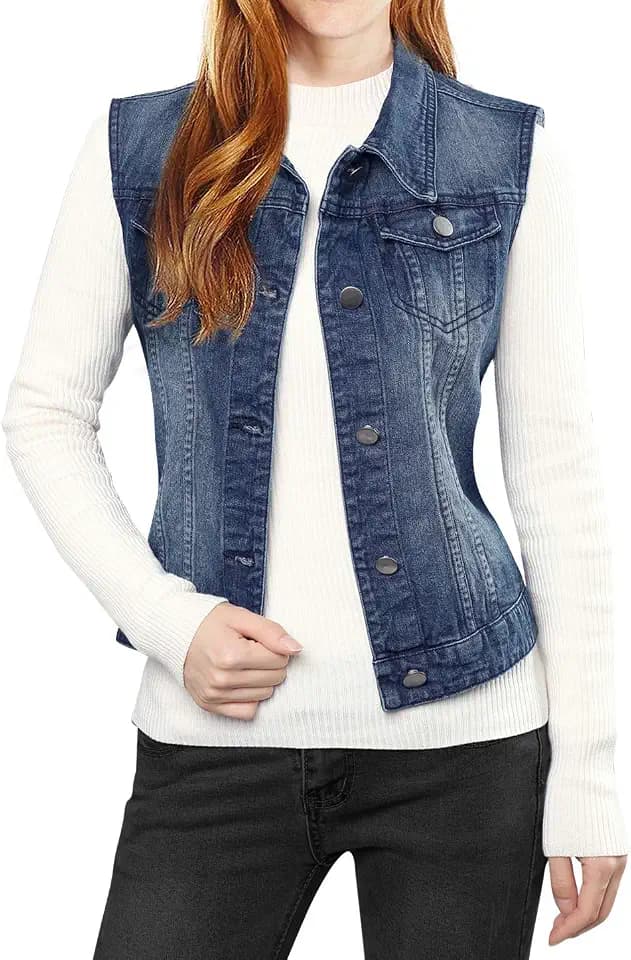 Allegra K Damen Ärmellos Jeansweste Knopfleiste Denim Jacke Weste mit Taschen Causal Jeans Vest