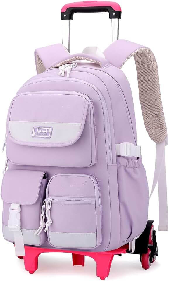 IvyH Schulrucksäcke Trolley für Teenager Rucksack mit Rollen, Schulranzen mit 6 Räder für Mädchen Jungen, Abnehmbar Trolley Schultaschen für Grund- und Sekundarschüler, 27L -Lila