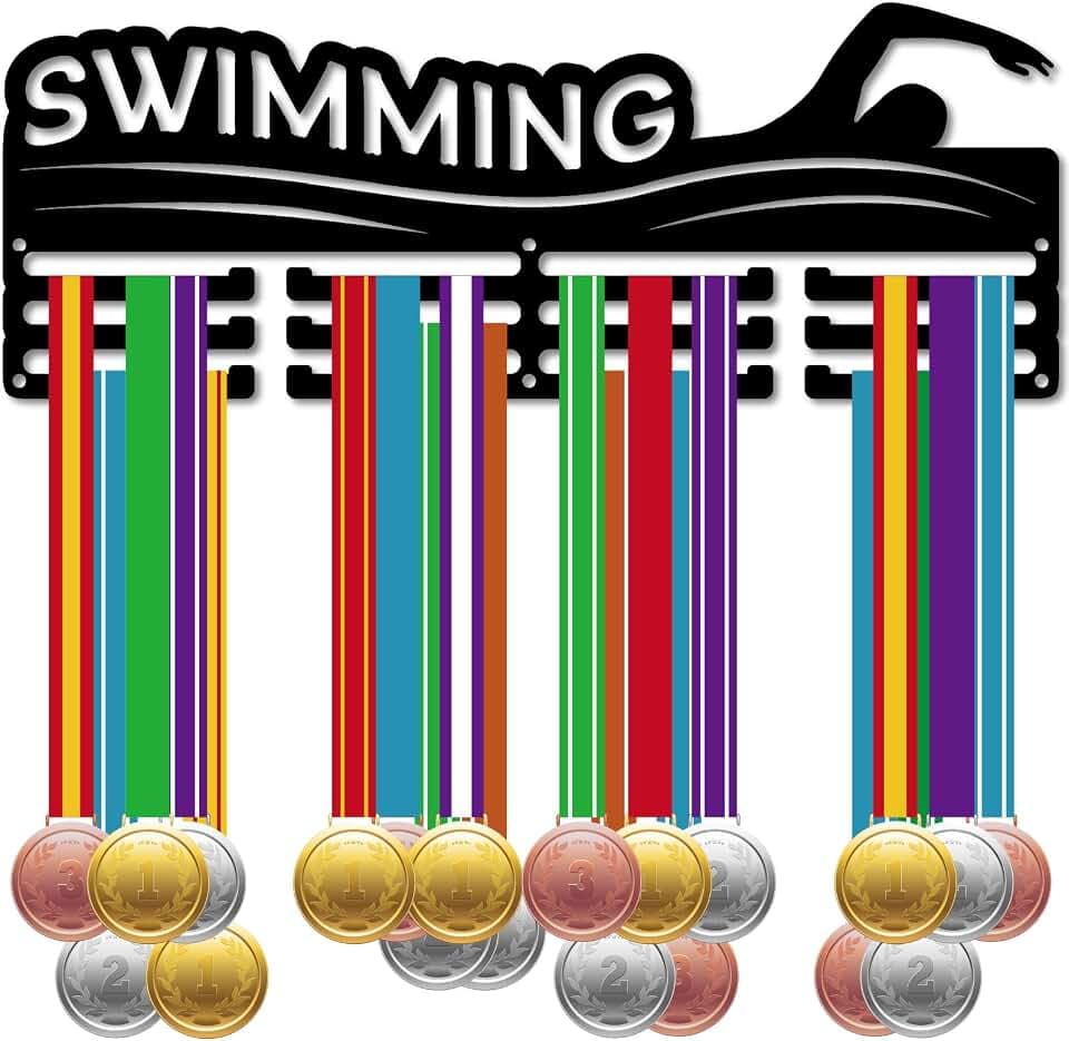 CREATCABIN Schwimmmedaillenhalter,Medaillenaufhänger,Medaillen-Hängedekor,Sportmedaillenständer,Wandmontage,3-Linien-Design,Zimmer-Heimdekoration,Geschenk Für Schwimmspieler,Rennsieger,Schwarz,40x15cm
