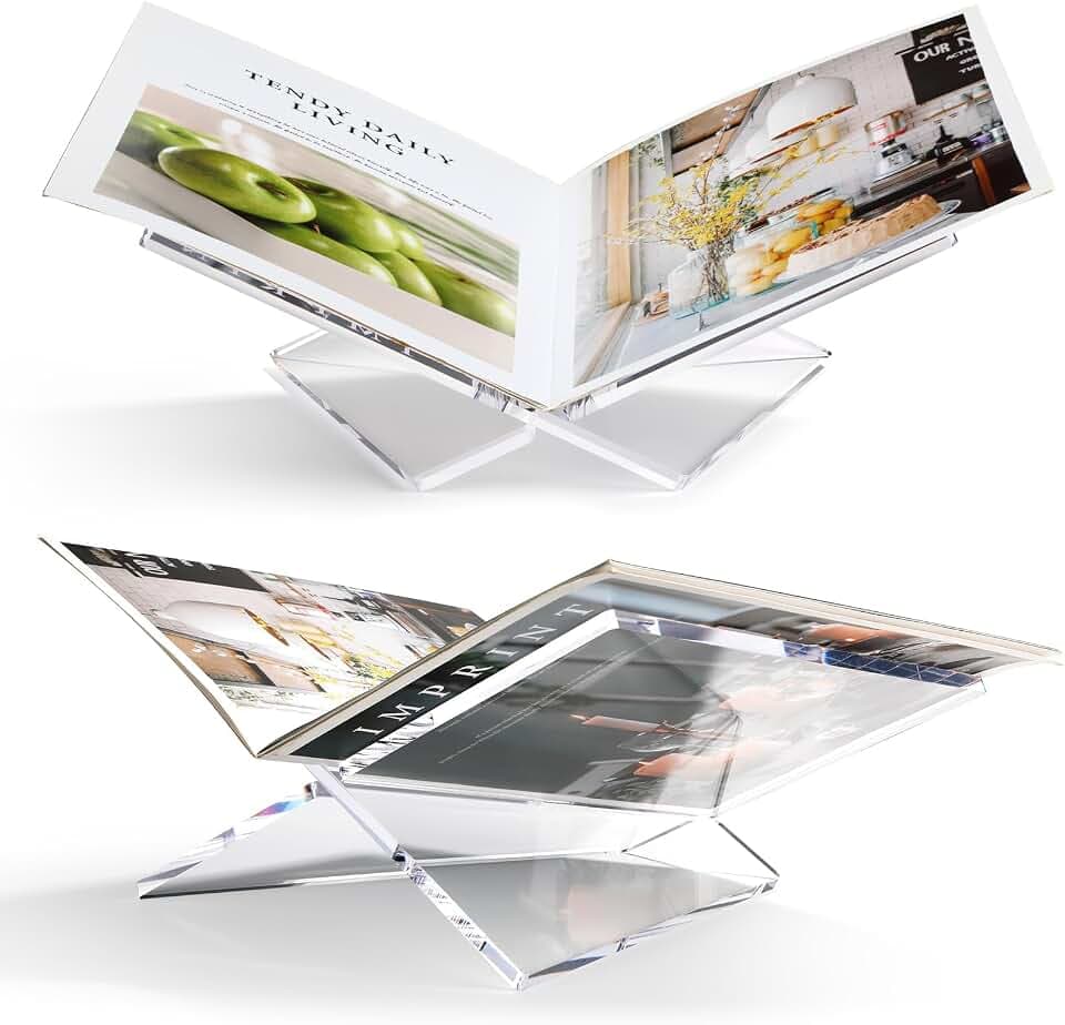 Transparenter Acryl Buchständer Kreuzrahmen Acryl Buchhalter, Leseständer offene Ausstellen, geeignet für Bibel, Koran, Kunst, Kochbücher, Lehrbücher und Zeitschriften (Transparent, Groß)