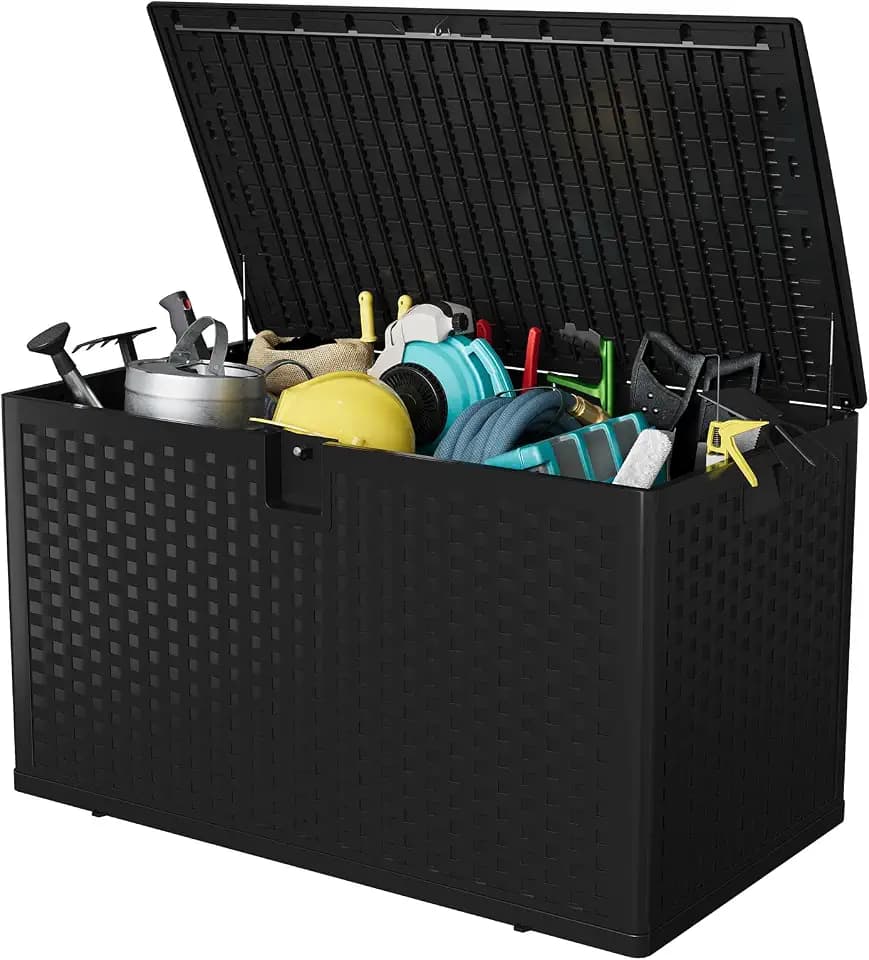GarveeLife 120 Gallon Outdoor Storage Box, Large Resin Deck Box with Hydraulic Air Rod, Weatherproof & Lockable Outdoor Storage Bin for Patio Cushions, Garden Tools, Pool Supplies, Porch, Black