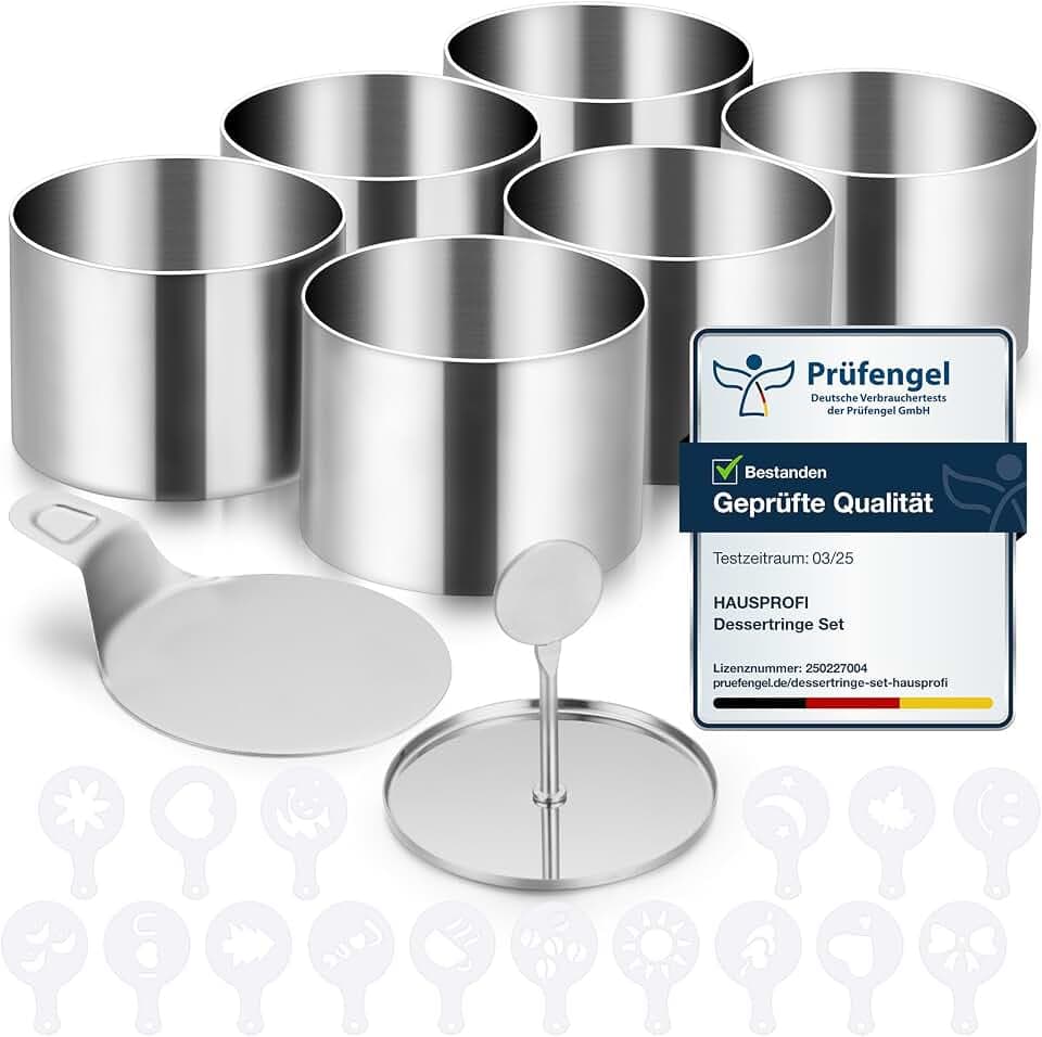 HAUSPROFI Dessertringe Set 6er(Ø7.5cm) mit Deckel & Basis 16 Schablonen, Edelstahl Servierringe Speiseringe Anrichteringe, Nahtlose Mousse Form, Tortenring klein für Backen Dessert Mousse & Anrichten