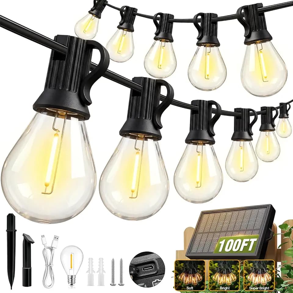 100FT Solar String Lights Outdoor, IP65 Waterproof Shatterproof Dimmable LED Bulbs, Solar & USB Powered, 20+ Hrs Long Lasting, Hanging Lights for Outside Patio, Backyard, Garden, Wedding, Party Decor