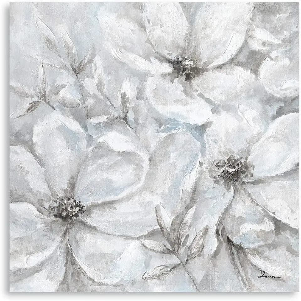 White Grey Flowers Wall Pictures Abstract Blossoom Grey Floral Painting Modern Framed Elegant Prints 20"x 20"