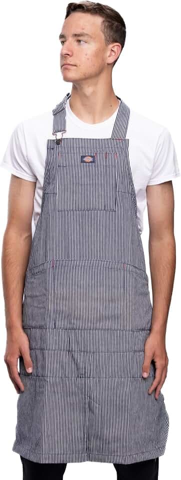 Dickies 6-Pocket Chef and Shop Work Apron, Durable Cotton Canvas, Fully Adjustable Straps, Leg Split, Machine Washable, Blue and White Hickory Stripe