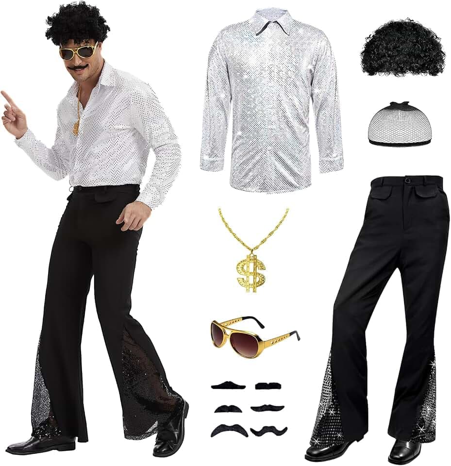Disco Kostüm Set Herren,Retro 70er 80er Stil,Karneval Verkleidung