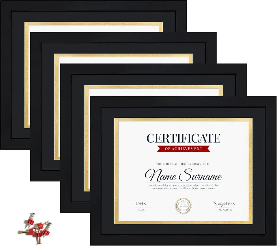 11x14 Picture Frame with Tempered Glass for 8.5x11 Certificate Frame with Mat, Document Diploma Award Degree Frame for Wall Hanging or Tabletop Display, Black, 4 Pack