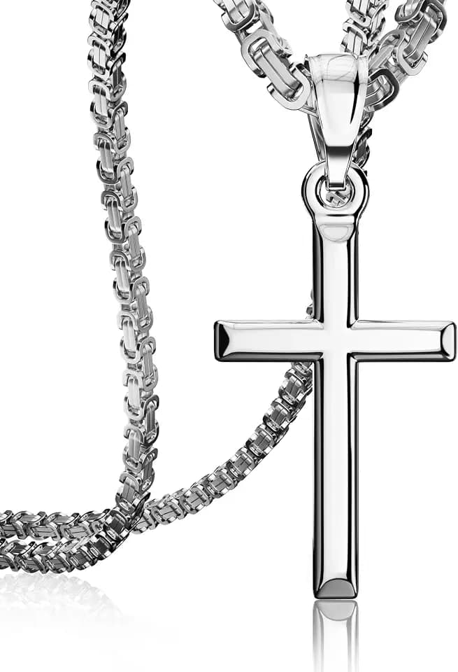 Exquisite Cross Necklace for Men and Women, Silver/Gold/Black Cross Chain with Top-grade 316L Stainless Steel Cross Pendant, 18-24 Inch Box/Byzantine Chains