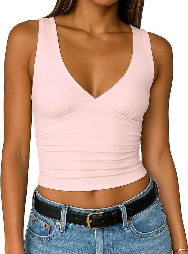 ForeFair Womens Deep V Neck Crop Tank Tops Going Out Double Lined Sexy Crop Top Sleeveless Slim Fit Y2k Summer Tops