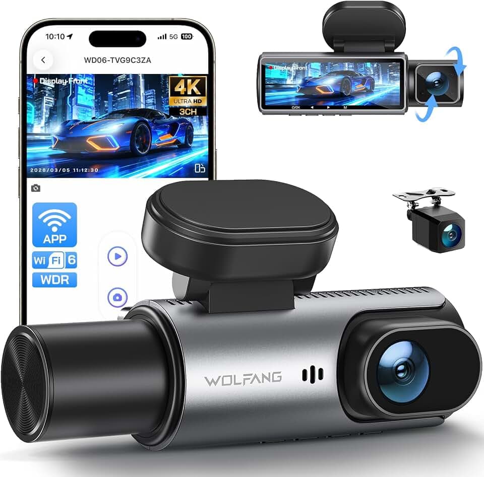 WOLFANG 4K 3 Kanal Dashcam Vorne Hinten Innen, Wi-Fi Dash Cam