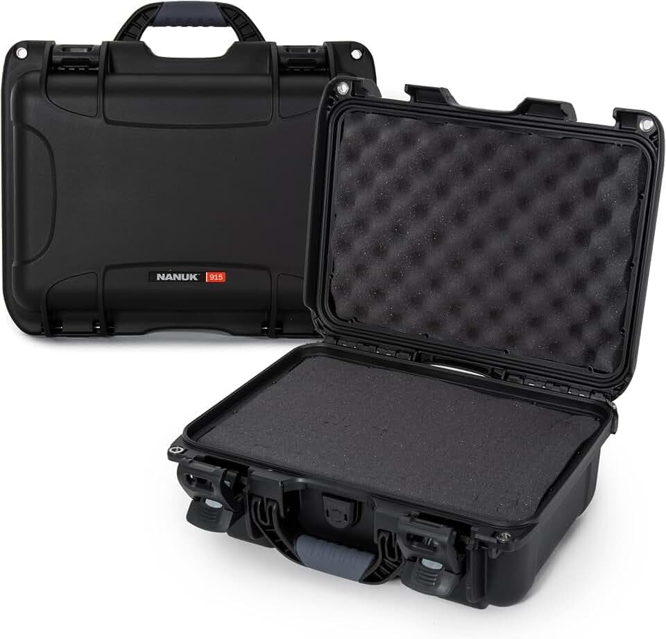 NANUK 915 Hard Case with Cubed Foam – Compact Waterproof Travel Camera Hard Case with Padded Dividers, 13.8” x 9.3” x 6.2” – Dustproof and Impact Resistant, Airline Carry-On Approved – Black