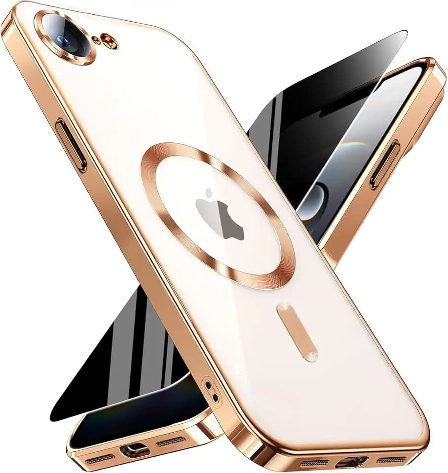 Magnetic for iPhone 17e/16e Case with Privacy Screen Protector & Full Camera Cover,[Non-Yellowing] Plating Glossy Soft Shockproof Clear Phone Case with MagSafe Women Girls for iphone 16 e/ 17 e,Gold