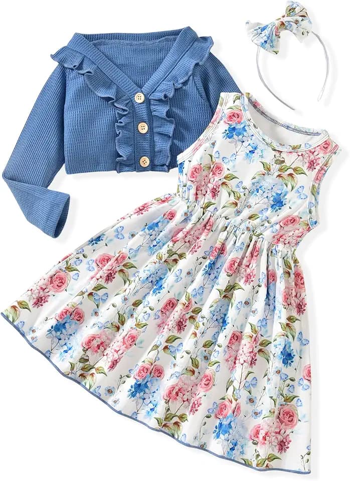 HINTINA Toddler Little Girls Dress And Cardigan Sets 2 Piece Floral Print Sleeveless Dress and Long Sleeve Cardigan Set