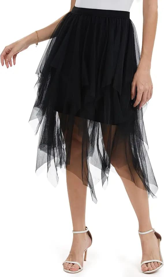 Kiiwah Tüllrock Damen, Unregelmäßiges Netz Tüll Rock, High Low Layered Tüllrock, Elastic Bund Midirock Rocktüll Halloween Rock Damen Asymmetrische Röcke Täglich, Abschlussball, Party