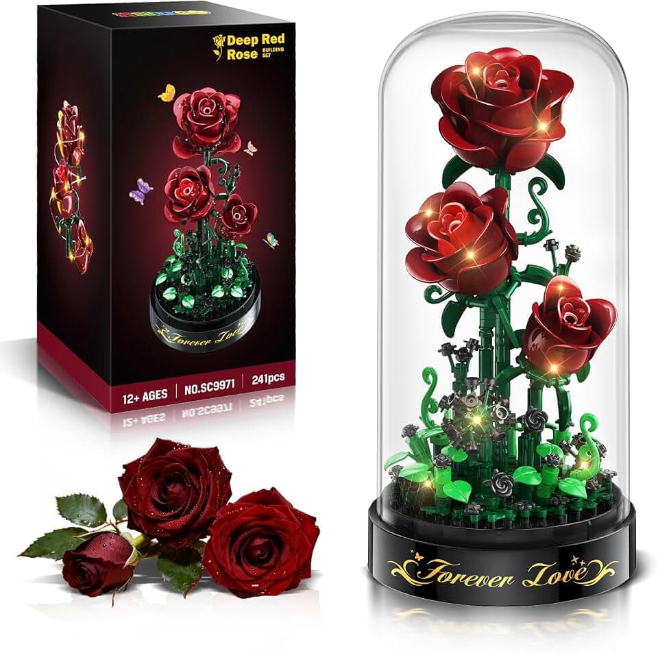 HiWEEGO Blumen Rosen Bausatz mit LED Licht Burgunderrot Rosenstrauß 3.6MM