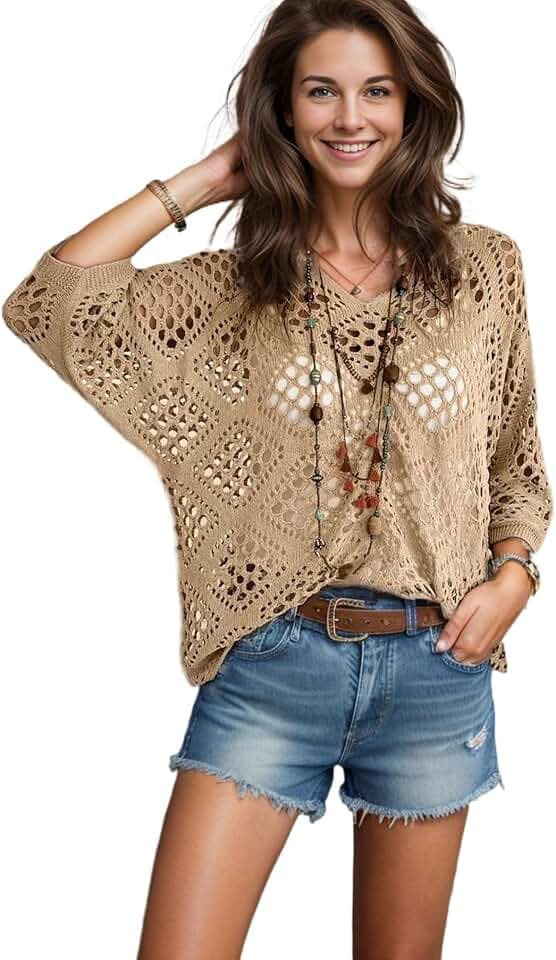 NASKY Womens Crochet Top Summer Fashion 2026 - Sexy 3/4 Batwing Sleeve Knit Sweater