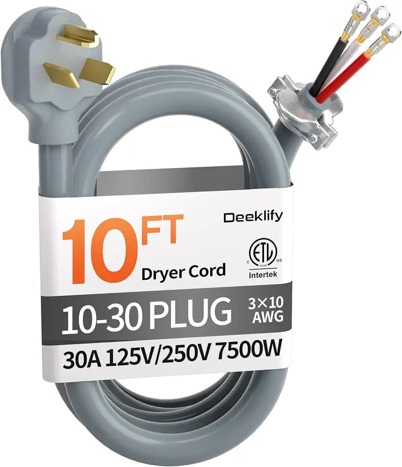 10FT 3 Prong Dryer Cord, Pure Copper, NEMA 10-30P Plug, ETL Listed