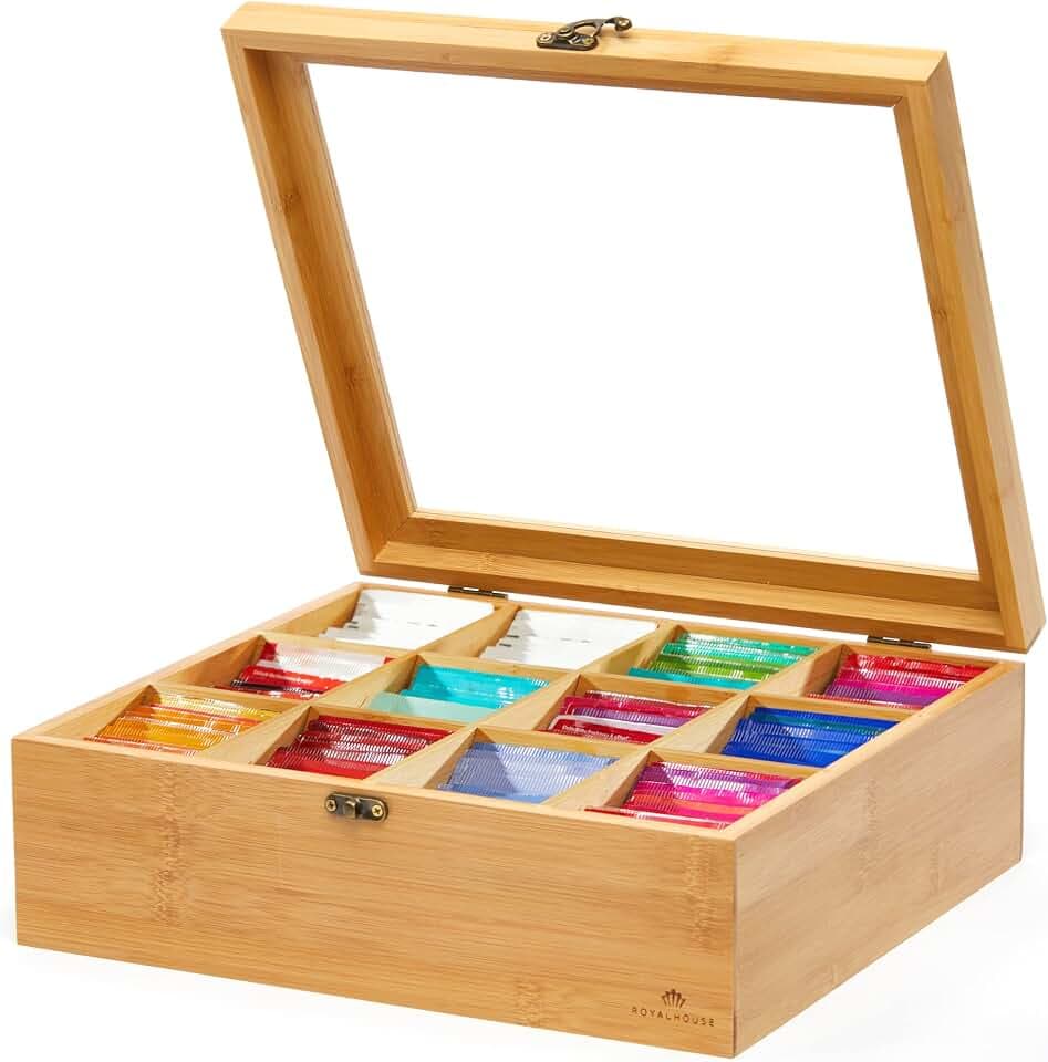Natural Bamboo Tea Storage Organizer, Clear Acrylic Top, 12 Compartments