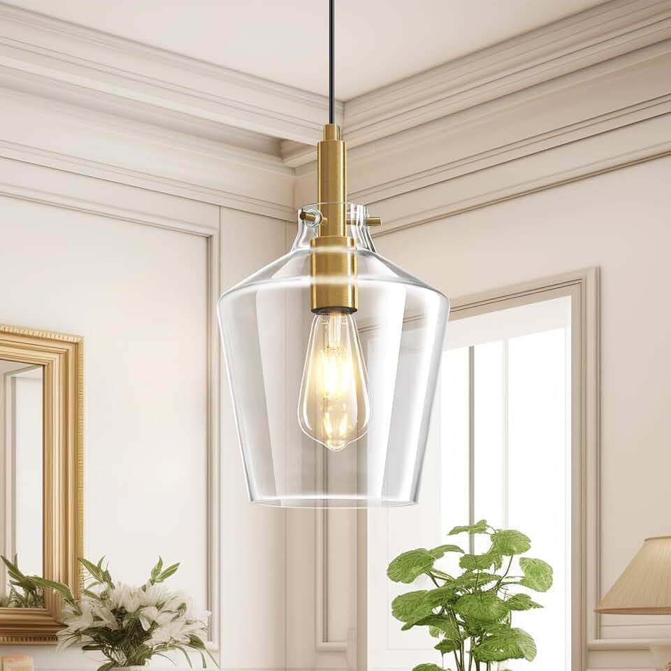 Glass Pendant Lighting for Kitchen Island Entryway 1 Pack Gold Clear 8 Inch