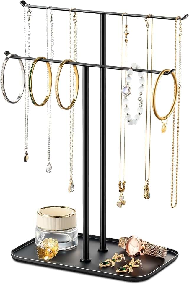 Schmuckständer in Schwarz, 2-stöckiger Schmuckbaum & Kettenhalter mit Tablett – Kettenständer zur Aufbewahrung von Halsketten, Armbändern, Ohrringen und Ringen, ideal für Schminktisch oder Kommode
