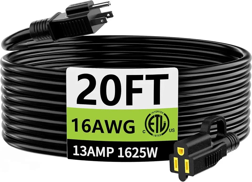 HUANCHAIN Indoor Outdoor Black Extension Cord 20FT Waterproof 16/3 Gauge