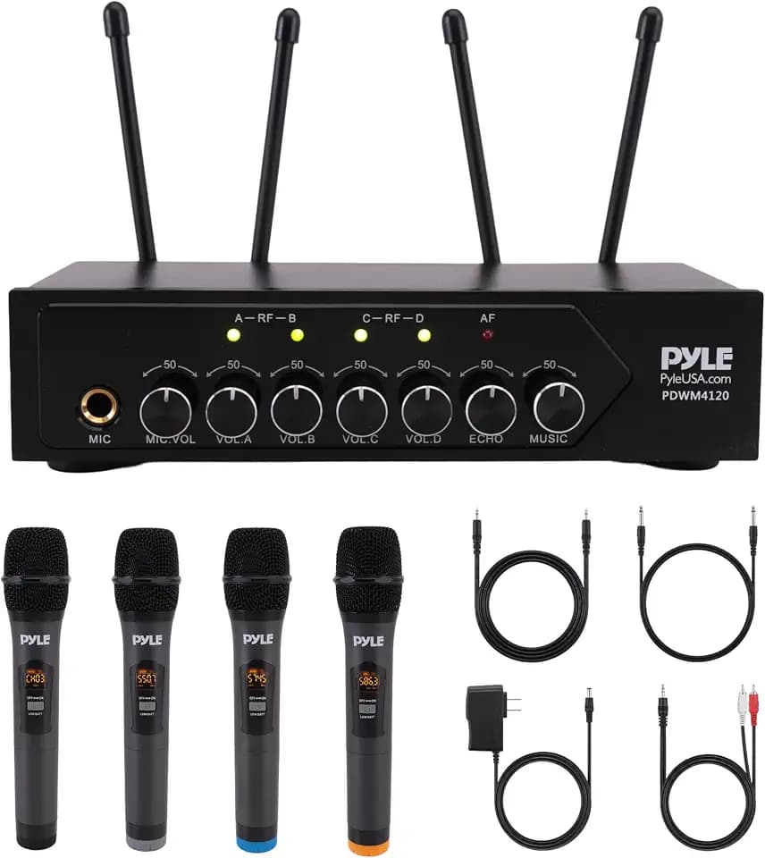 Pyle Wireless Microphones, Professional UHF Dual Microphones for Karaoke, Wireless Dynamic Microphone System Set with Rechargeable Receiver,Plug and Play, Speech, Wedding, Church, PA System