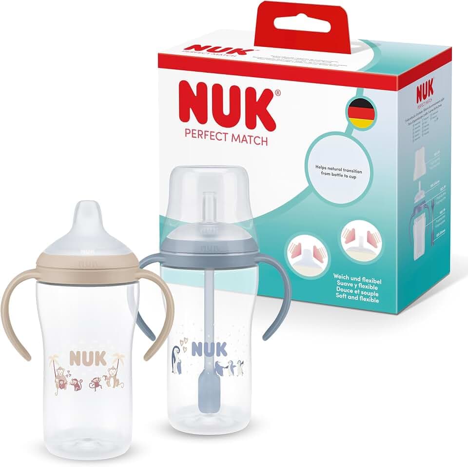 NUK Perfect Match Trinklernflasche mit Strohhalm | 6+ Monate | 260 ml | Auslaufsicherer Baby-Strohhalmbecher | Rutschfeste Griffe | Blau | 2 Stück