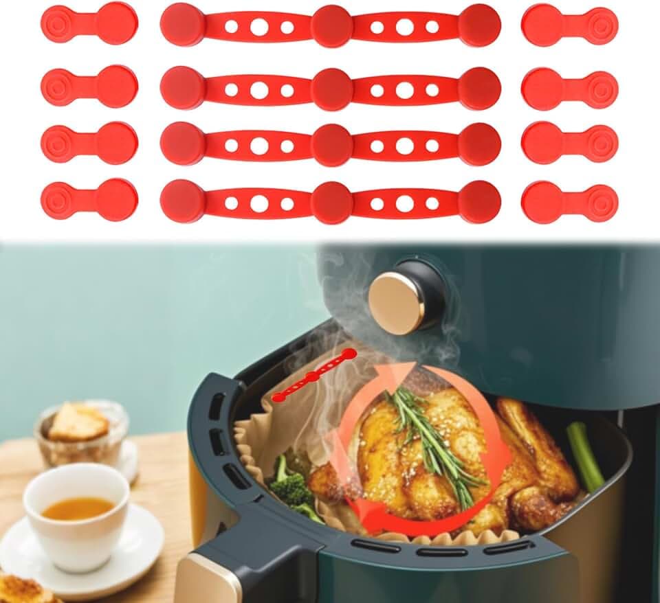 12Pcs Air Fryer Magnets for Parchment Paper, Silicone Magnetic Buckle Clips to Hold Down Liners, Prevent Paper from Burning & Covering Food, Air Fryer Accessories for Iron/Metal Baskets, Red