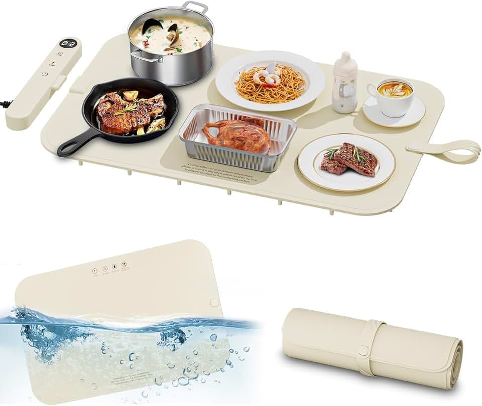 Newise Upgrade Graphene Food Warming Mat for Countertop, Gifts for Mom Wife, Waterproof Electric Warming Tray with 6 Temp Modes for Parties Buffets (Beige)