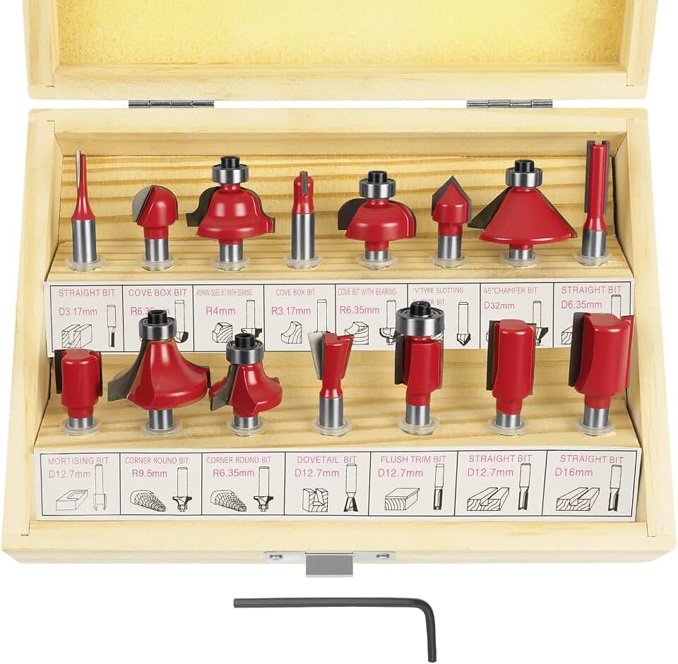 flintronic Fräser-Set, 6.35MM Fräsen Werkzeug Set, 15-TLG Holzkoffer Geschmiedeter Werkzeugstahl Oberfräser, Bündigfräser, Holzschneider mit Kunststoff-Box, Bodenreinigung für Holzbearbeitung