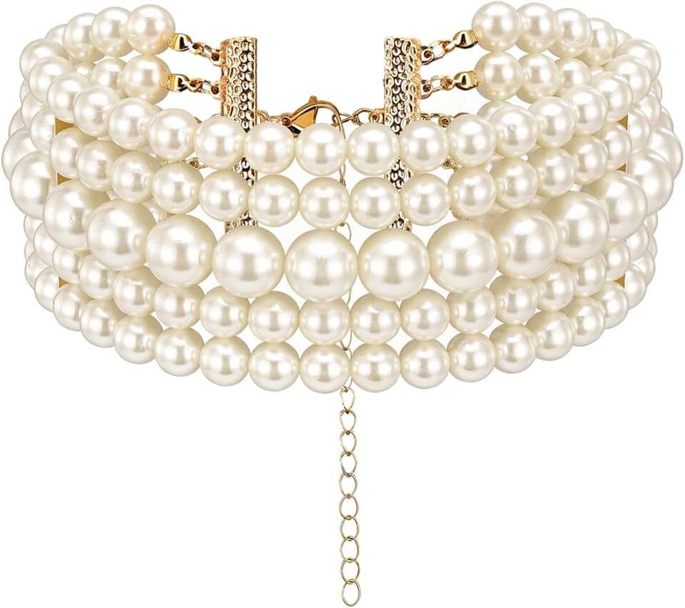 Yolev 5 Layers Boho Round Imitation Pearl Choker Necklace Vintage Multi Strands Pearl Collar Pearl Choker Necklaces for Women Bridal Wedding 20s Flapper Themed Party