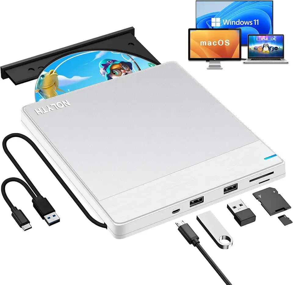 External CD Drive for Mac: USB 3.0 Type-C DVD Burner Player for Laptop Windows PC MacBook Desktop with SD/TF/2 USB Ports Plug & Play(Silver-White)