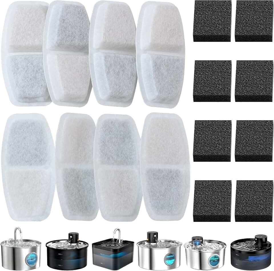 16 Stück Ersatzfilter für Katzenbrunnen – Universal Kompatibel mit 3.2L, 2.6L, 2.5L, 2.2L Katzenbrunnen, Katze Hund Wasserbrunnen Filter, Mehrfachfiltration, Aktivkohle Schwamm