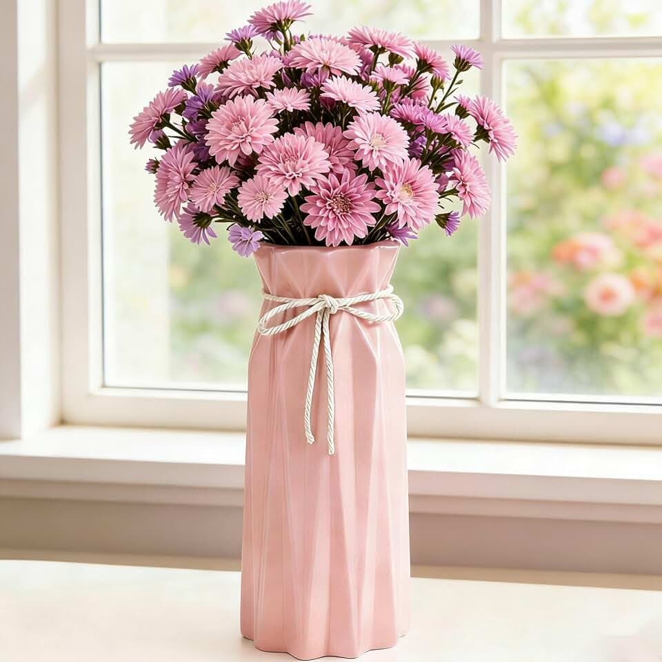 Disoza Vasen Tischdeko Keramik Modern Vase Vintage Rosa Vase für Pampasgras Blumen Trockenblumen Pink Blumenvase Vasen für Hochzeit Porzelan Tulpenvase Küche Büro Wohnzimmer 24x10x10cm