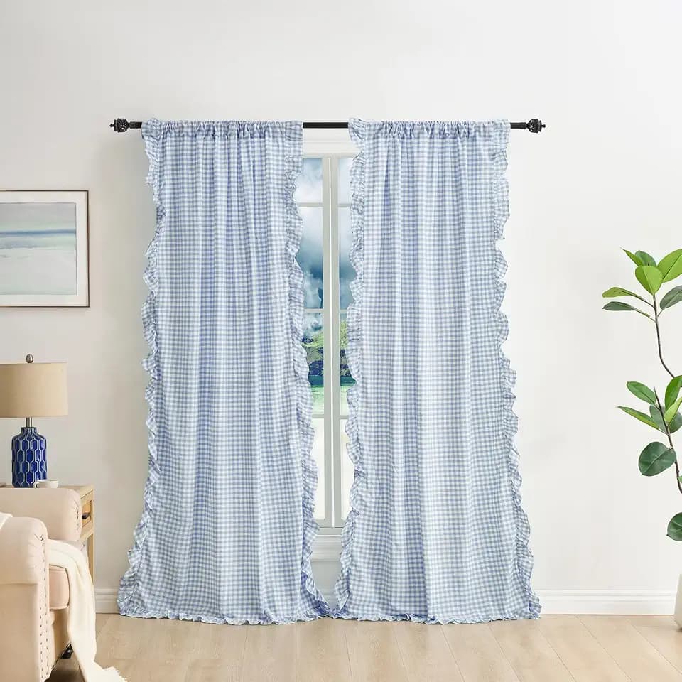 Dust Blue White Plaid Gingham Ruffle Curtains 2 Panels W52”xH84”
